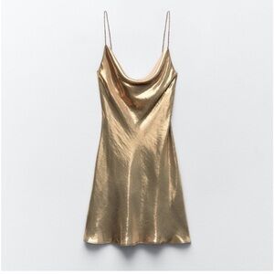 NWT ZARA METALLIC RHINESTONE STRAPPY MINI DRESS GOLD